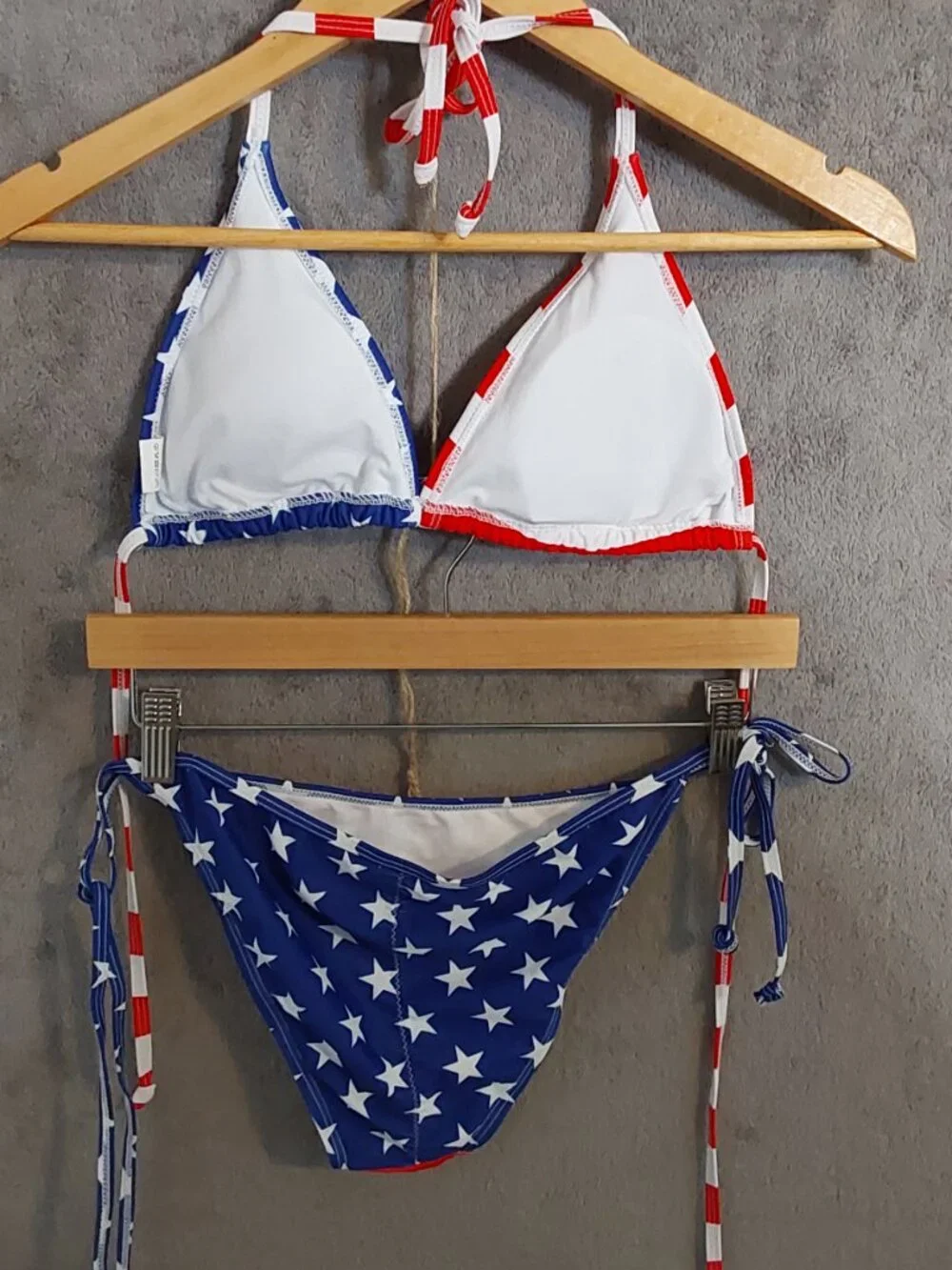 American Flag Bikini Set Medium Red White Blue Triangle Tie Side Halter Patrioti